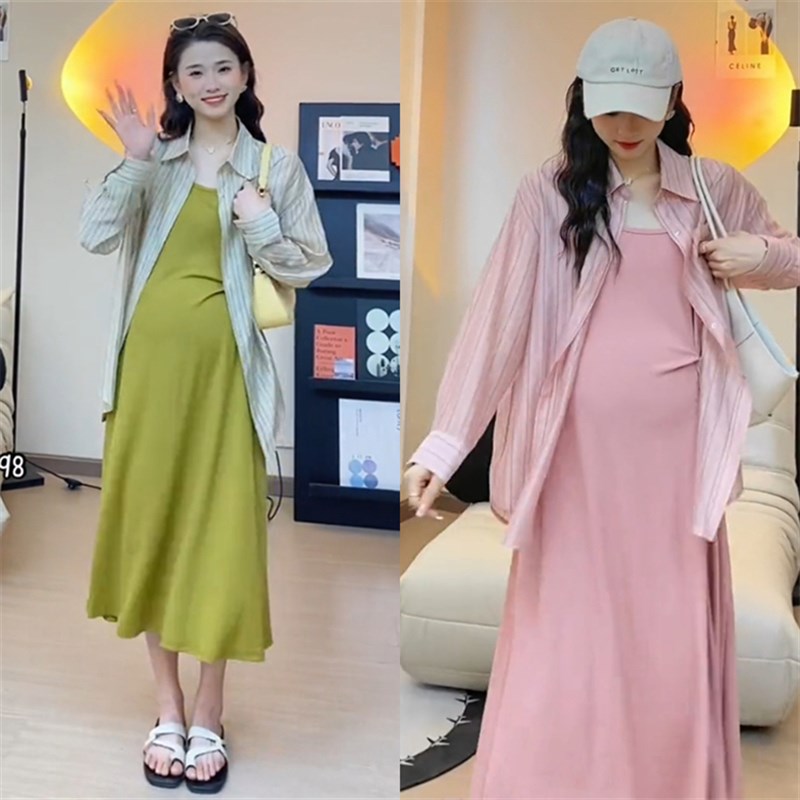孕妇夏季套装长袖翻领条纹衬衫中长款纯色背心N裙2023新款休闲百