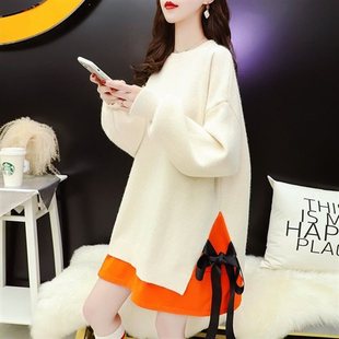 。拼接假两件e套头毛衣女中长款z2020新款秋冬宽松外穿慵懒风针织