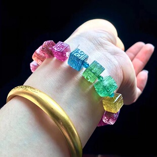 天然彩虹碧玺方糖回纹珠手链马卡龙冰淇淋色手串生日礼物女款