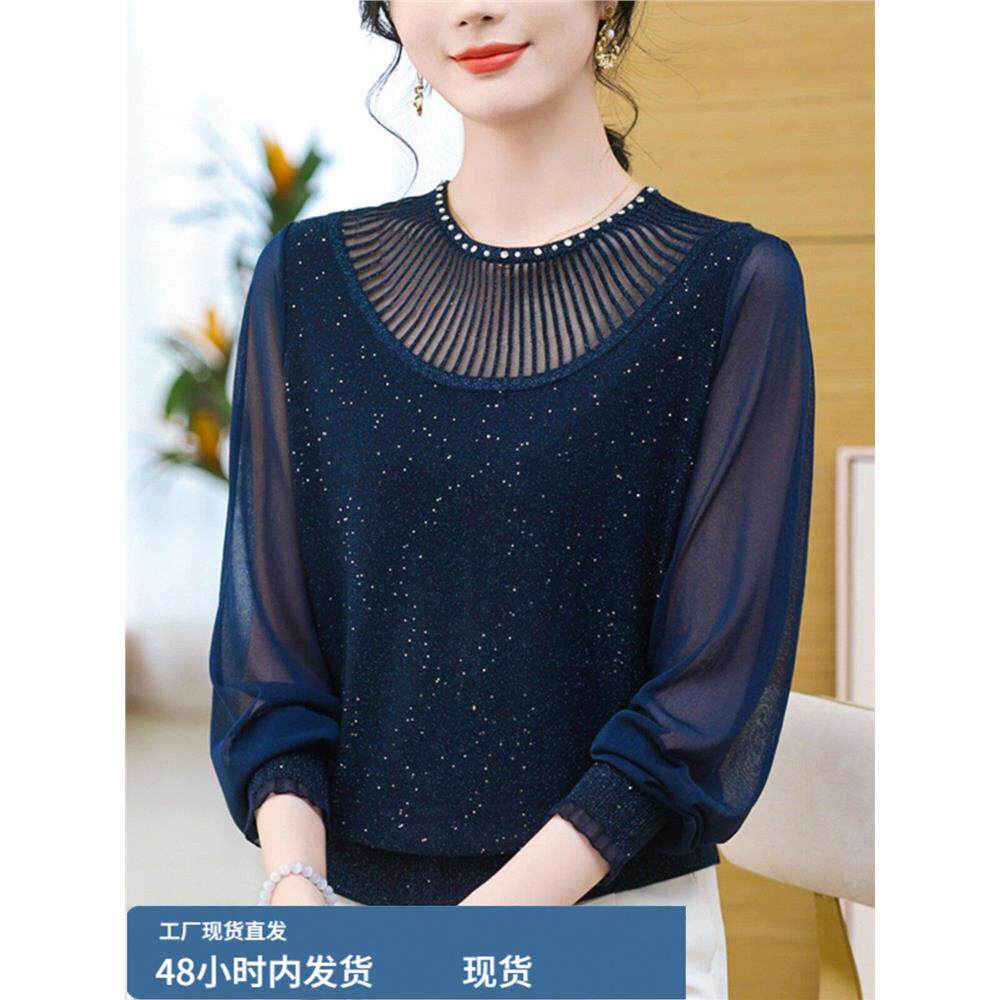 中年妈妈春装长袖t恤女桑蚕咝上衣大码洋气减龄网沙真帜打底小衫