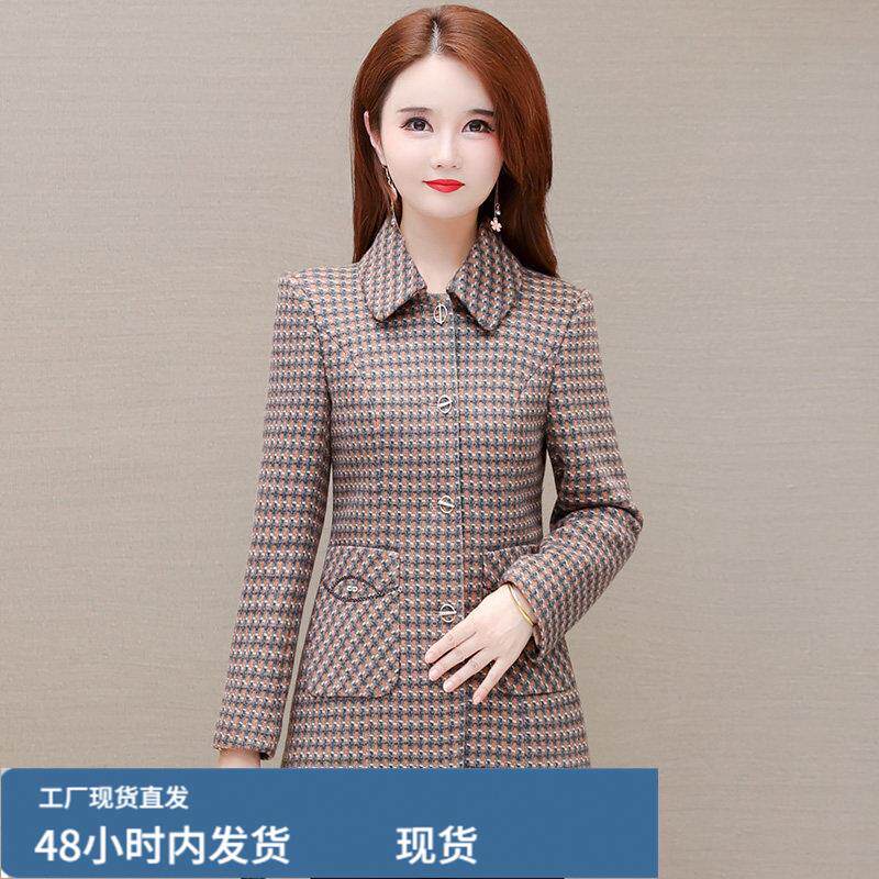 翻领格子外套女2025新款秋季韩版修身单排扣妈妈装大口袋呢子大衣