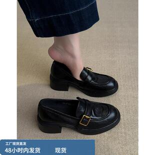 小皮鞋 女通勤百搭单鞋 英伦风皮带扣厚底粗跟一脚蹬乐福鞋 羊皮版