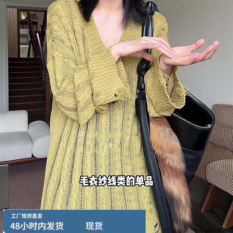 法式复古镂空绿色针织衫女春秋冬薄款小众设计感宽松休闲慵懒上衣