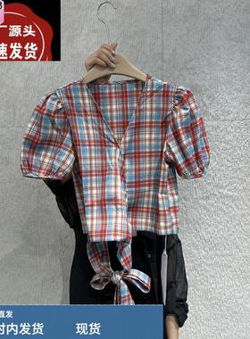 欧洲站心机时尚小衫2025夏新款 泡泡袖侧拧结系带格子衬衫女11716
