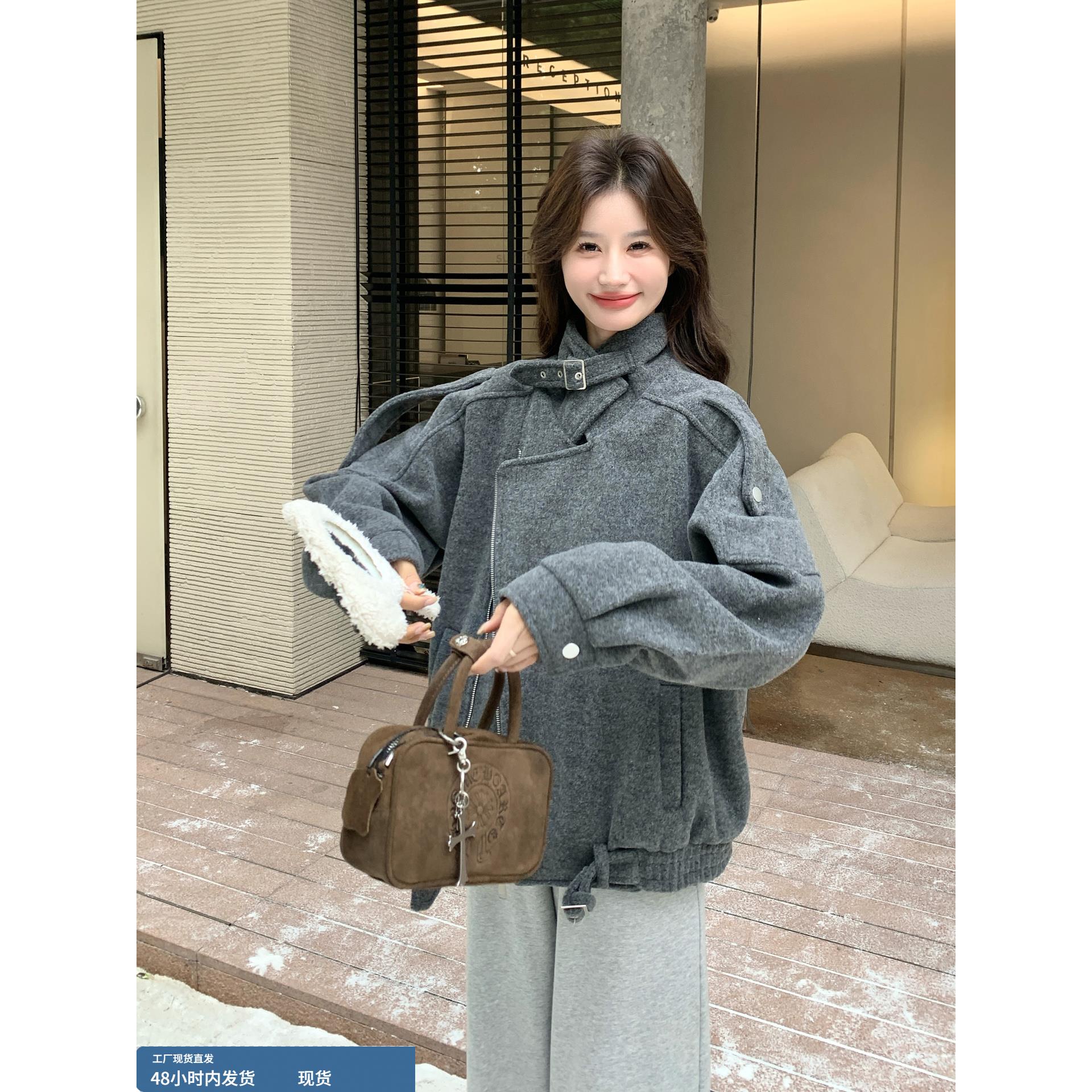 灰色气质高级感赫本风毛呢外套秋冬季女2025新款短款时尚呢子大衣