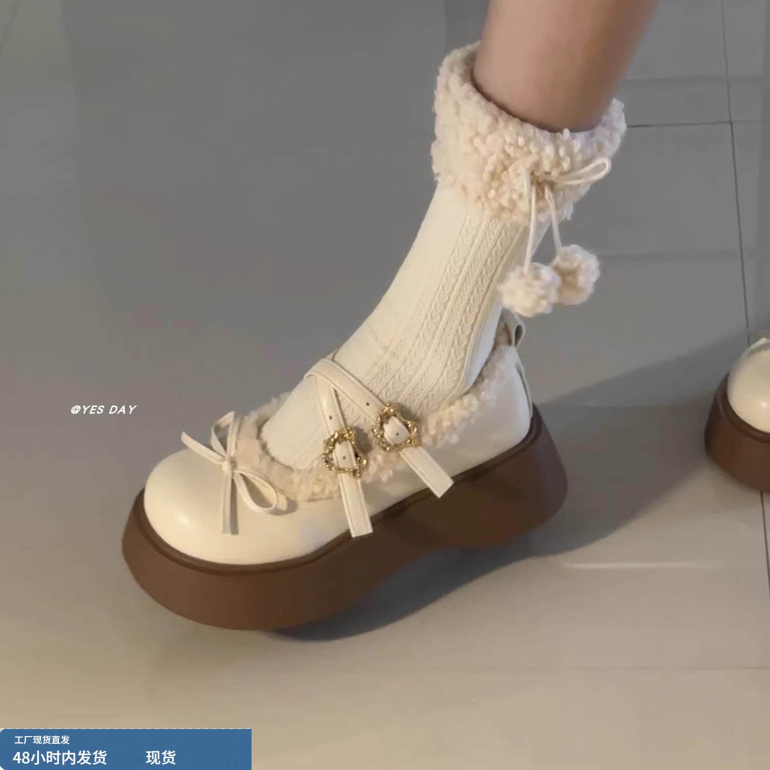 日系jk学院风圆头厚底加绒小皮鞋女2025冬季新款百搭保暖毛毛棉鞋