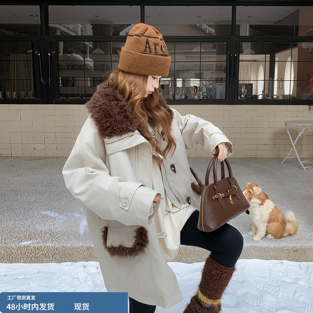 羊羔毛拼接翻领羽绒服女冬中长款连帽宽松休闲派克服保暖羽绒外套