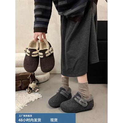 内增高厚底勃肯鞋女加绒灰色玛丽珍毛毛鞋秋冬季外穿呢子保暖棉鞋
