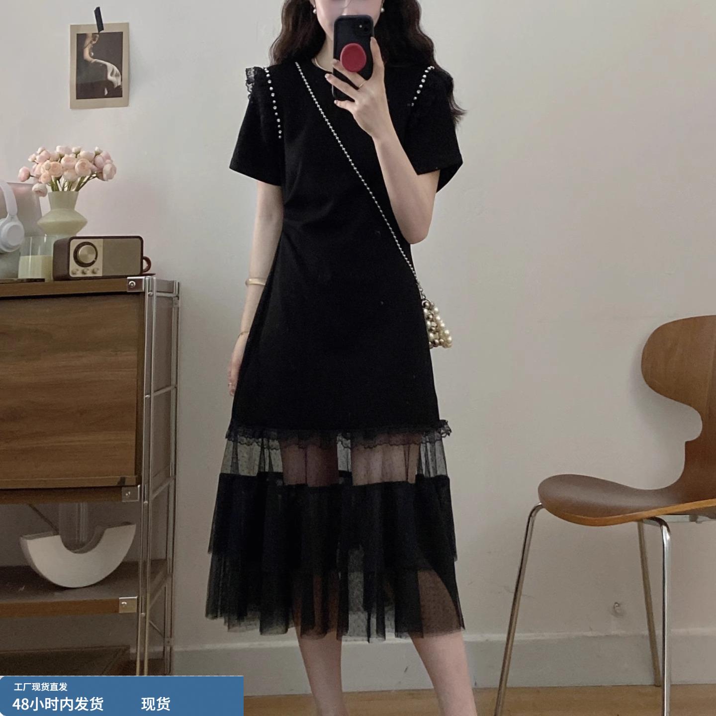 法式黑色网纱拼接连衣裙女夏季大码胖mm高级感减龄遮肉显瘦长裙子