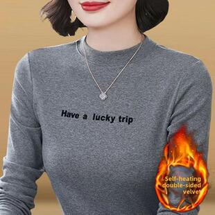 德荣秋冬女性半高领长袖t恤,中年妈妈用,厚实保暖内层修身衬衫