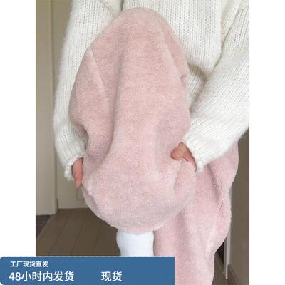 粉色羊羔绒裤子女2025新款冬季加厚运动休闲小个子宽松束脚阔腿裤