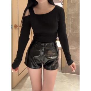 辣妹高腰显瘦包臀外穿配靴子短裤 2025秋冬新款 女装 黑色A字PU皮裤