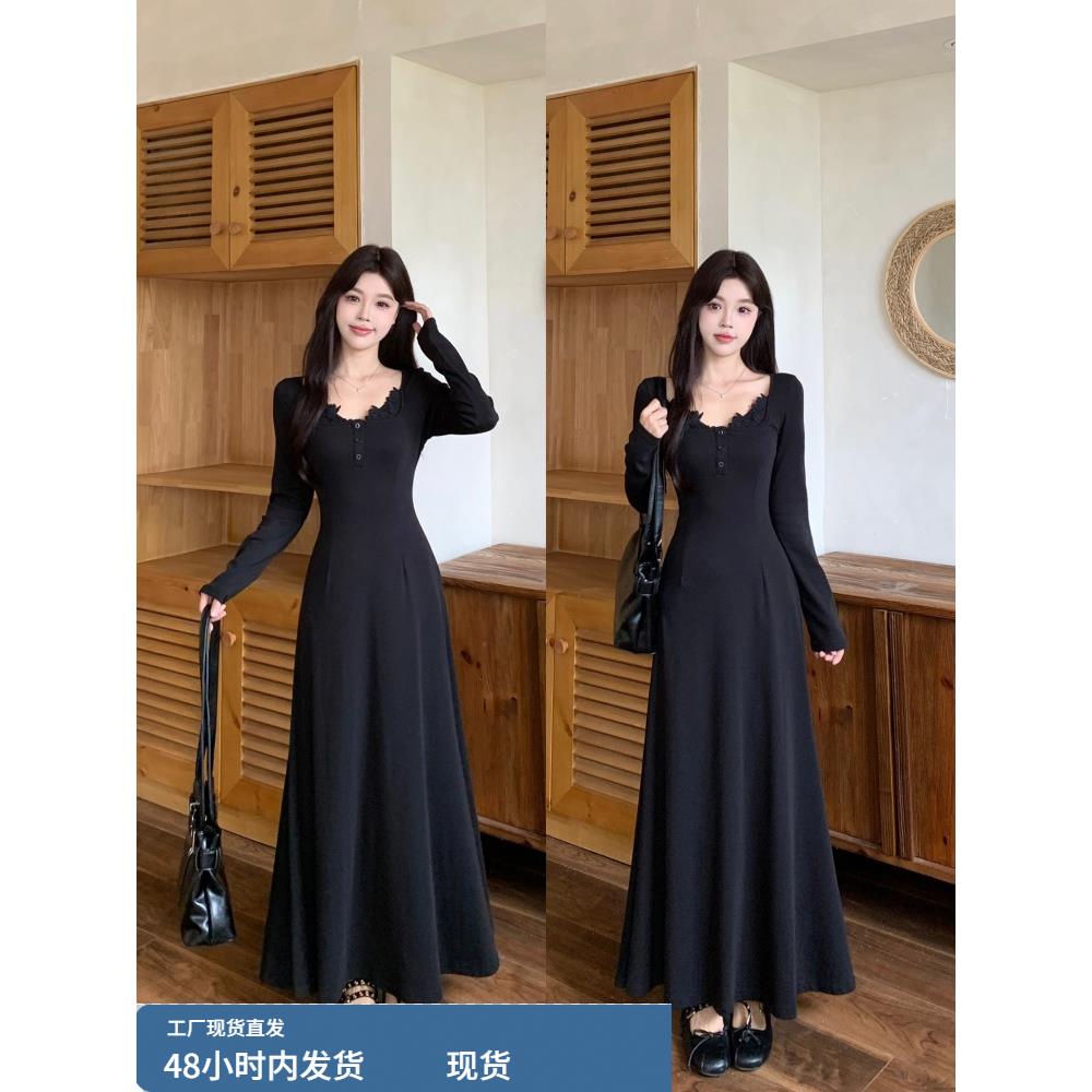 大码加绒针织连衣裙女秋冬季胖mm遮肚显瘦赫本风高级感打底小黑裙