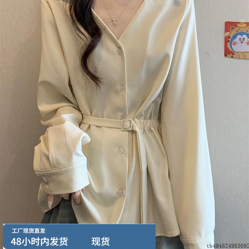 微胖法式V领正肩衬衫女秋季大码胖mm显瘦收腰高级感气质衬衣上衣
