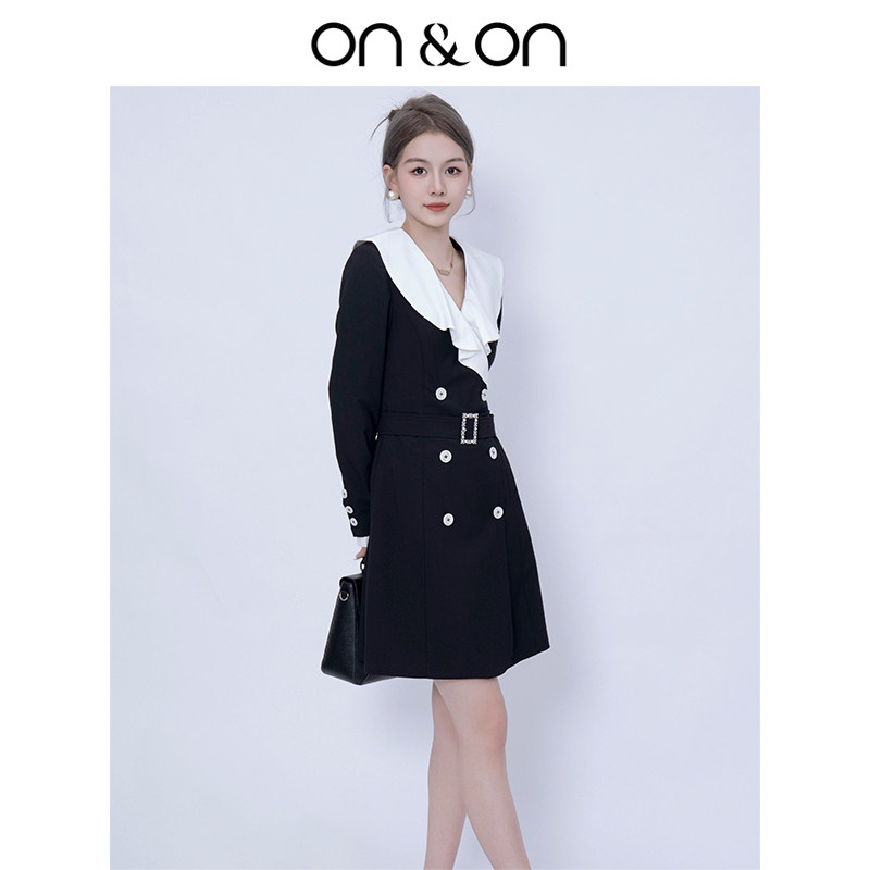ON&ON/安乃安韩系都市通勤撞色荷叶大翻领双排扣西装连衣裙