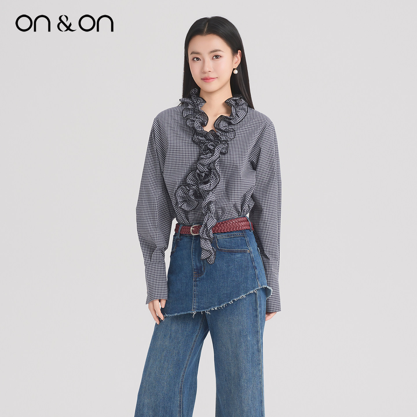 ON&ON/安乃安2026春季新款法式V领荷叶褶皱时尚宽松休闲格纹衬衫