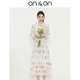 ON＆ON 韩系V领重工刺绣100%苎麻防晒减龄连衣裙女 安乃安2025秋季