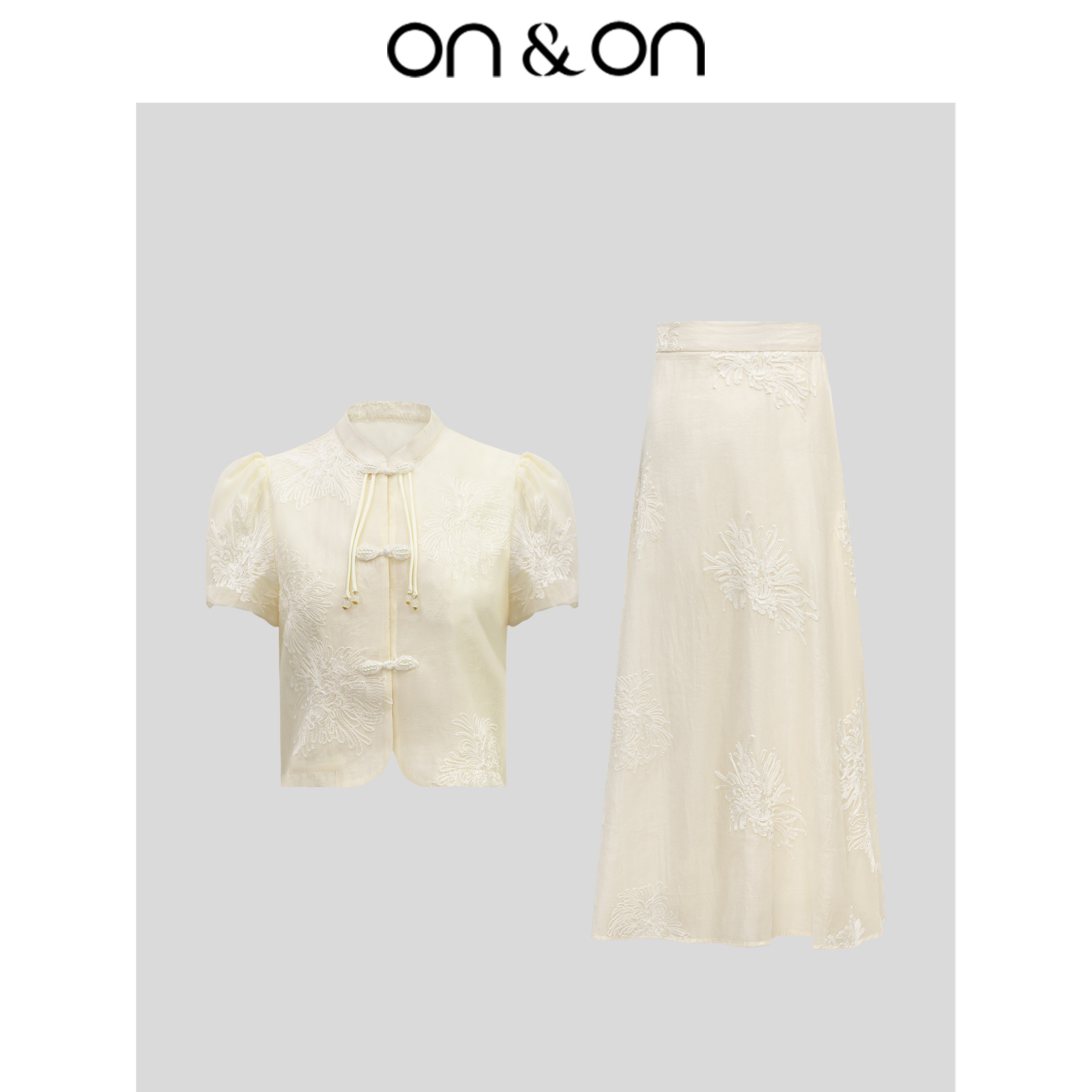 ON＆ON/安乃安夏季新款新中式立领盘扣绣花小衫+绣花半身裙套装