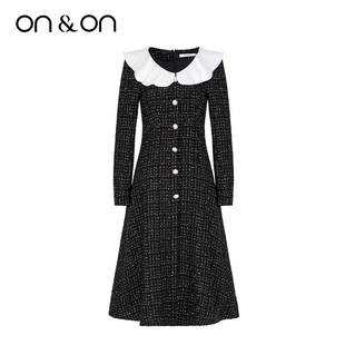 女复古荷叶领长袖 新款 粗花呢高级感连衣裙 安乃安2025冬季 ON＆ON