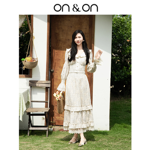 复古收腰木耳边减龄格纹套装 ON＆ON 户外法式 新款 安乃安2025夏季