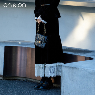 ON&ON/安乃安2026春季法式高腰松紧蕾丝撞色浪漫优雅丝绒半裙女
