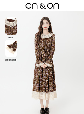 ON＆ON/安乃安【流光温柔】25冬季韩系百搭蕾丝领收腰碎花连衣裙