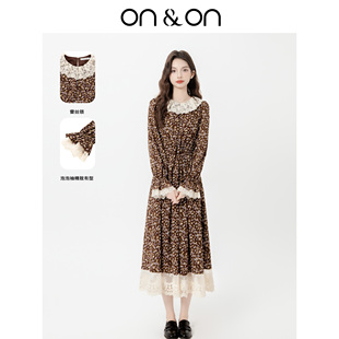 25冬季 流光温柔 韩系百搭蕾丝领收腰碎花连衣裙 安乃安 ON＆ON