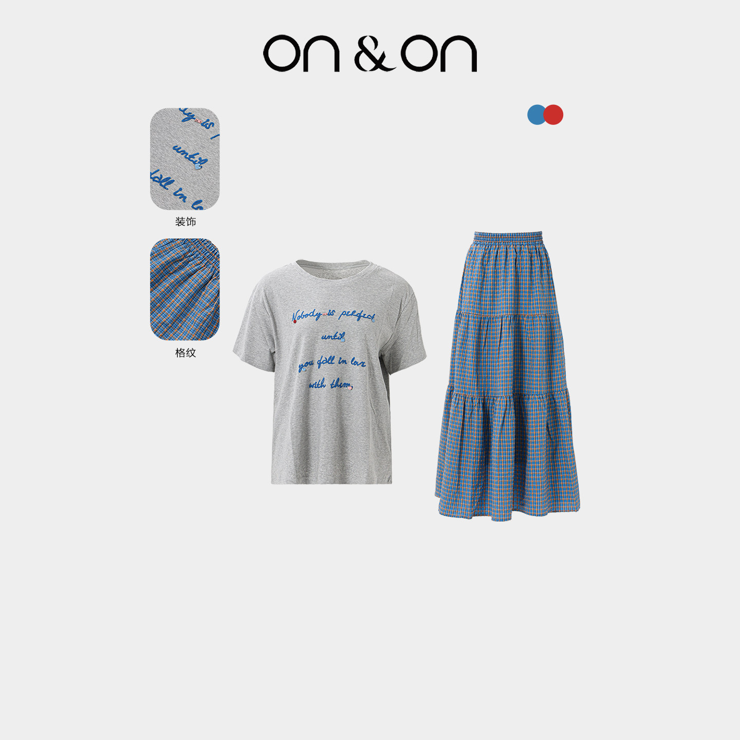 ON＆ON/安乃安2025夏季新款韩系休闲简约印花短袖T恤+格纹