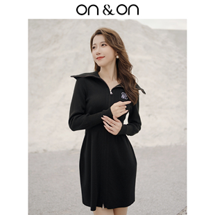 翻领刺绣收腰修身 新款 显瘦羊毛针织连衣裙 安乃安2025冬季 ON＆ON