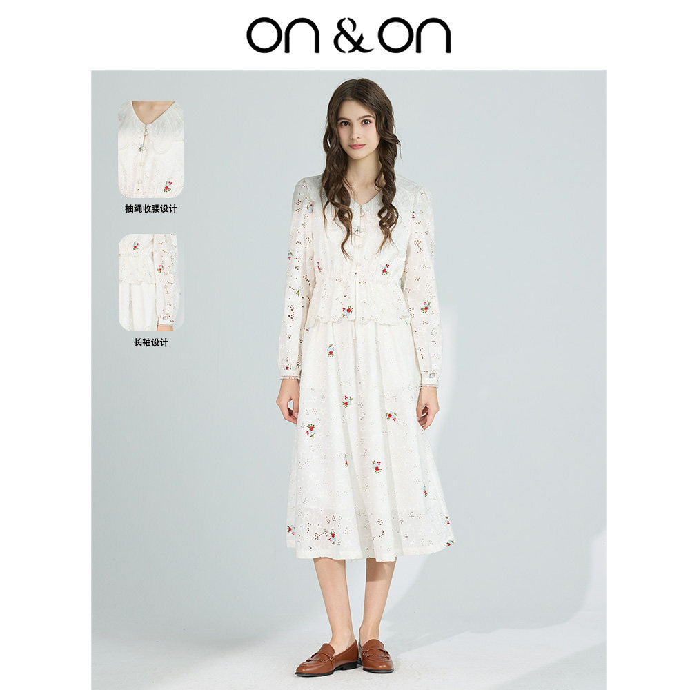 ON＆ON/安乃安25秋冬新款全棉蕾丝刺绣镂空小衫+半裙小个子套