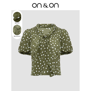 小衫 复古波点V领收腰系带桑蚕丝短袖 上衣女 安乃安2025夏季 ON＆ON