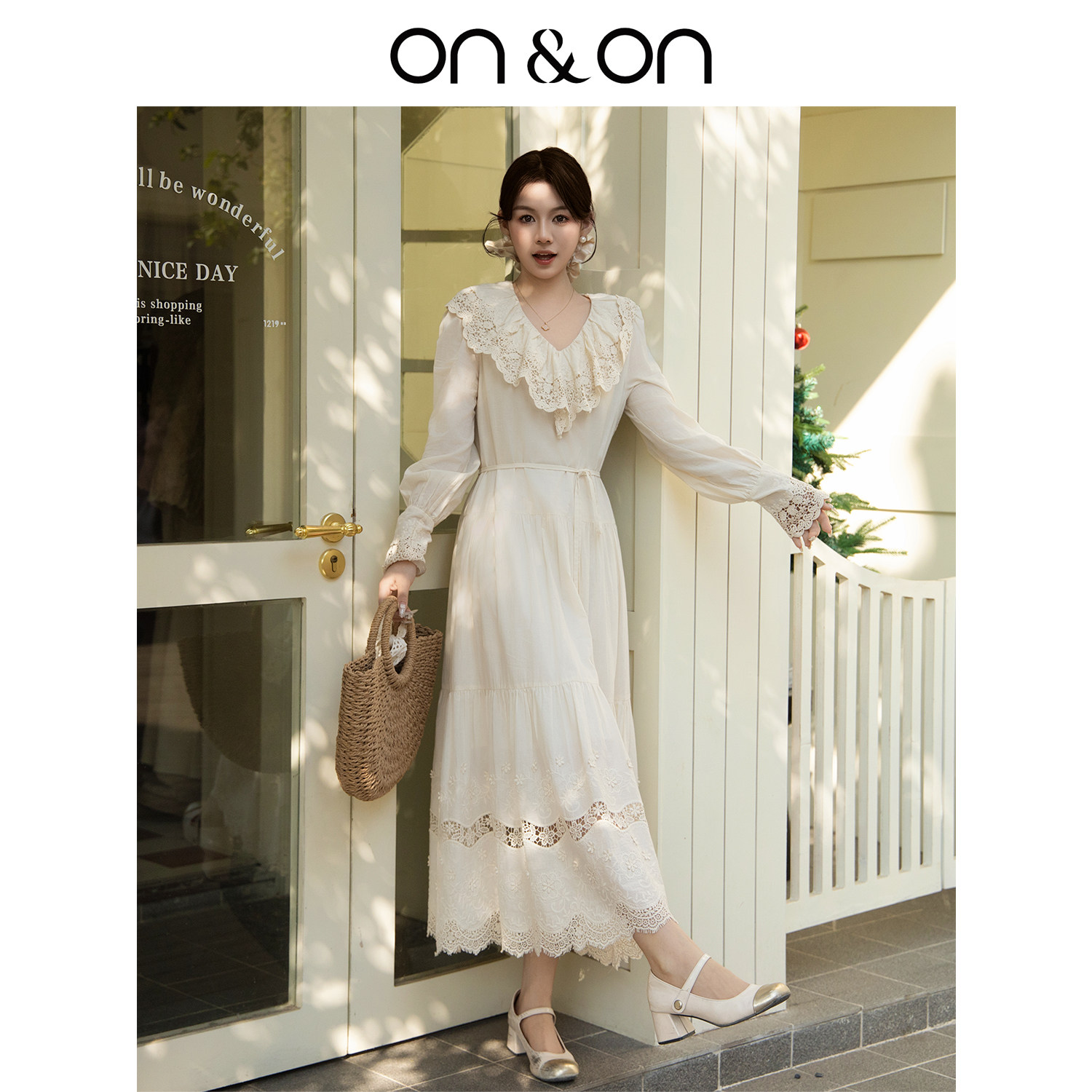 ON＆ON/安乃安【游牧风】25秋季法式荷叶边蕾丝系带假日风连衣