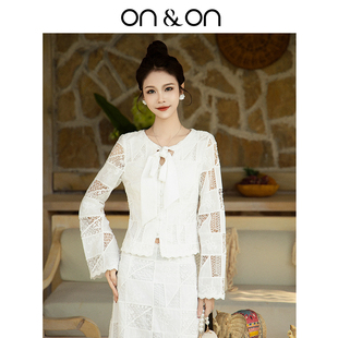 韩系蝴蝶结系带设计镂空绣花气质套装 新款 安乃安2025秋季 ON＆ON