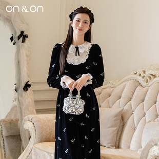 法式 新款 重工绣花精致宫廷风丝绒连衣裙女 安乃安2025冬季 ON＆ON