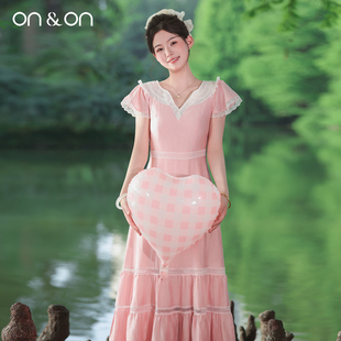 韩系温柔风蕾丝撞色收腰气质连衣裙女 新款 ON＆ON 安乃安2025夏季