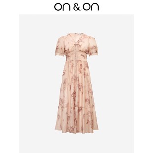 韩系复古V领蕾丝边收腰显瘦连衣裙女 新款 ON＆ON 安乃安2025夏季