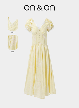 ON＆ON/安乃安2026春季新款法式V领立体刺绣收腰时尚气质连衣裙女