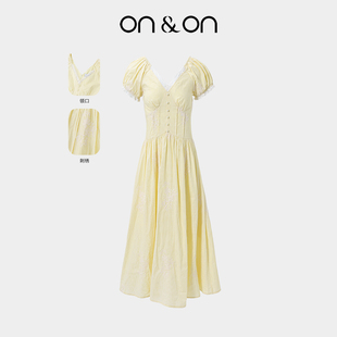 V领立体刺绣收腰时尚 ON＆ON 法式 新款 气质连衣裙女 安乃安2025秋季