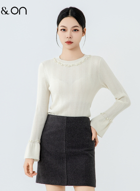 ON＆ON/安乃安2025冬季新款韩系圆领手工钉珠修身竖条纹针织上衣