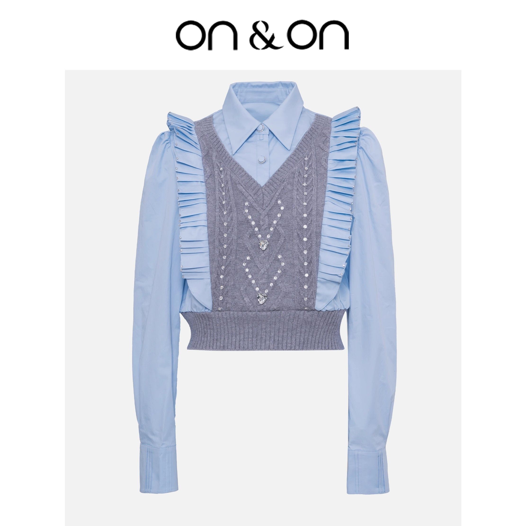 ON＆ON/安乃安韩系假两件减龄学院风小众设计气质拼接针织衬衫