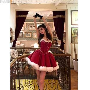 红色连衣裙秋冬女性感高级感圣诞节服装新年礼服套装蓬蓬裙裙子