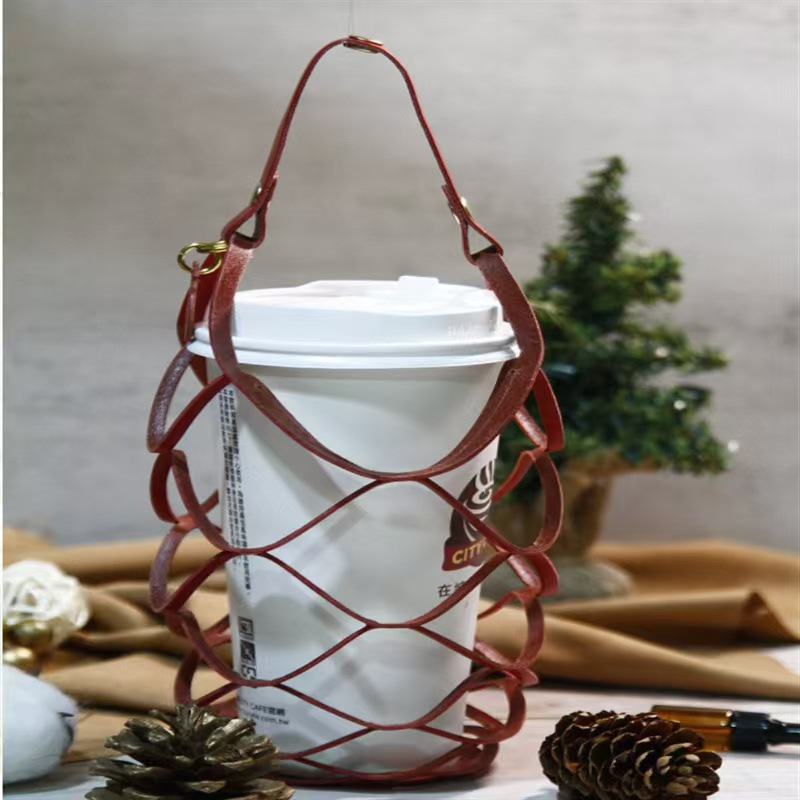 螺纹网状皮革手提杯袋 台湾伞绳咖啡杯套 皮质饮料杯袋