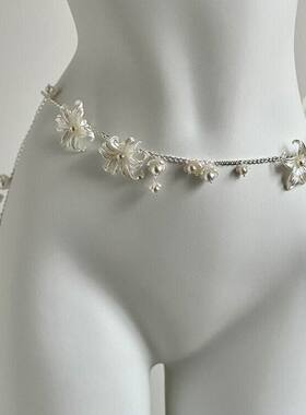 月光百合腰链2025新款花朵银色时尚腰带腰封项链设计毛衣链配饰女
