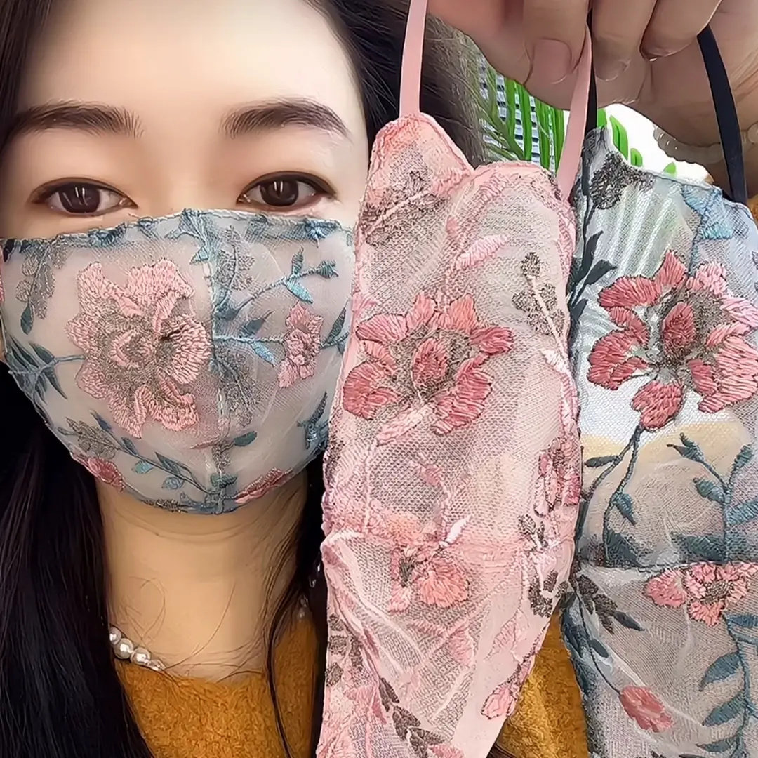 新款国风高端刺绣立体蕾丝防晒网纱透气水洗面罩夏季双层防晒口罩
