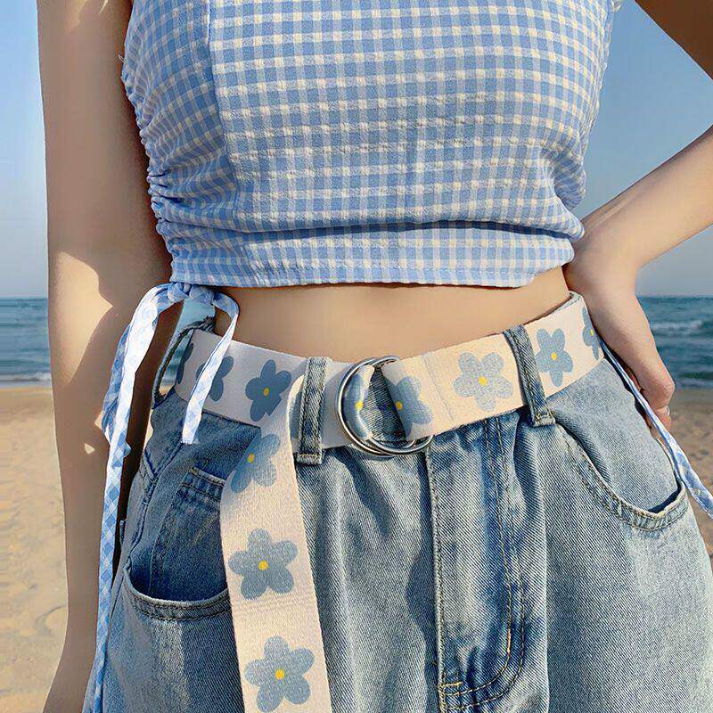 免打孔帆布腰带女ins风牛仔裤百搭学生装饰小花朵设计感裤带皮带