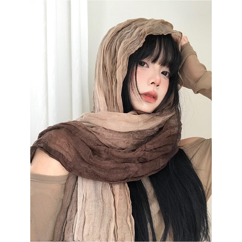 民族风围巾废土风亚麻褶皱渐变头巾沙漠丝巾凹造型辣妹围脖披肩潮