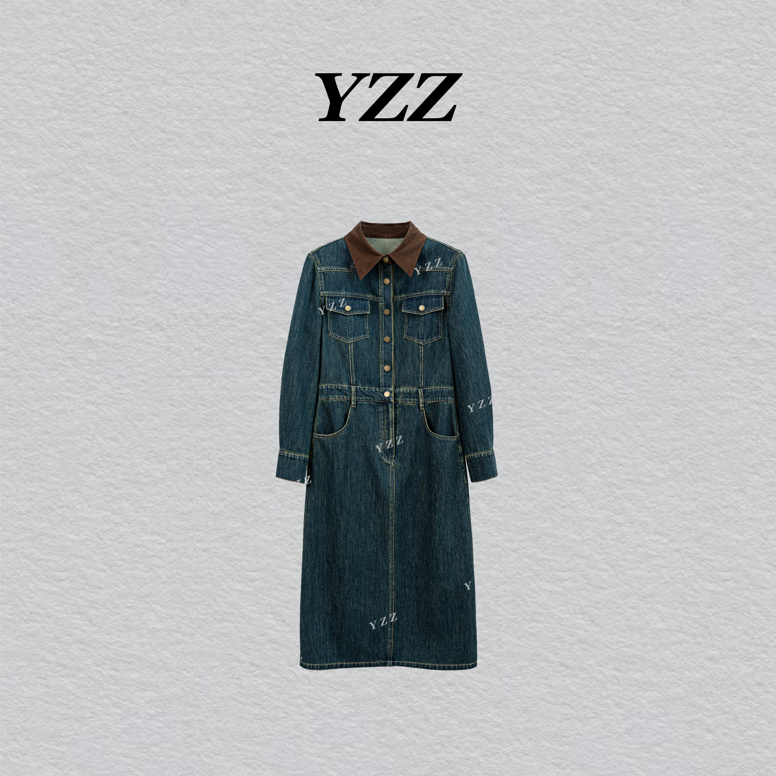 YZZ雅再再“拉夫” 翻领收腰连衣裙复古百搭气质牛仔长裙 810820图片