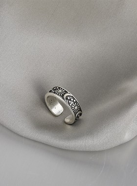 极速Vintage Ring做旧复古星星月亮开口N关节戒指暗黑冷淡风食指