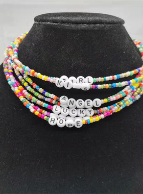 极速Boho Handmade Diy Rice Bead Necklace LettPer Lucky Love