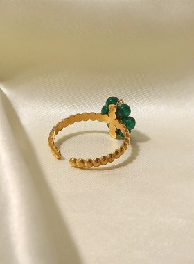 极速欧美风新款摩登女性气v质百搭钛钢戒指绿色天然石向日葵可调